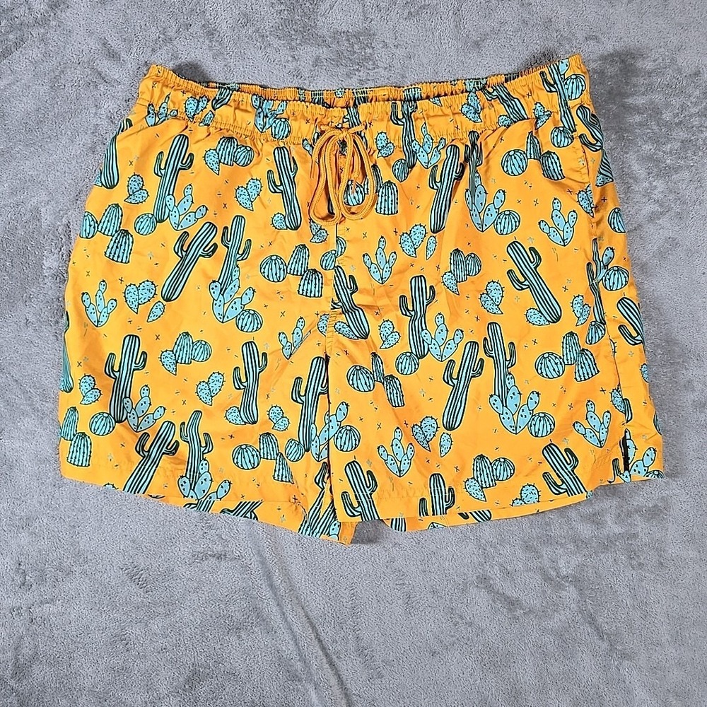 George Mens Swim Trunks XL 40-42 Yellow Board Shorts with Cacti Cactus Elastic